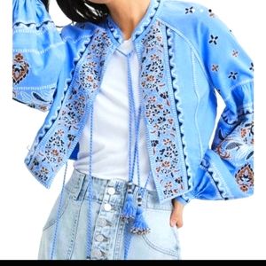 VERONICA BEARD Rivoli Embroidered Tassel-Tie Cropped Jacket Peasant Blazer
